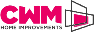 Logo for CWM Home Improvements featuring bold pink letters CWM and geometric window shapes in black outline to the right, with HOME IMPROVEMENTS written below in smaller black text.